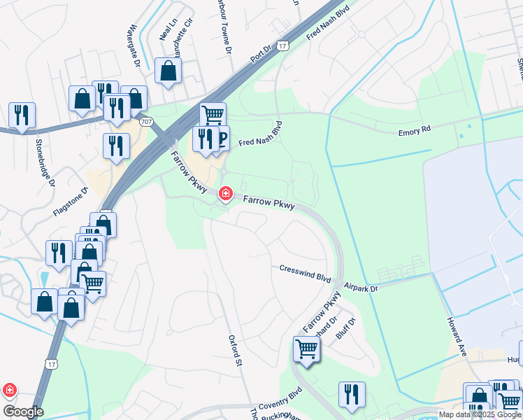 map of restaurants, bars, coffee shops, grocery stores, and more near 2155 Birchwood Circle in Myrtle Beach