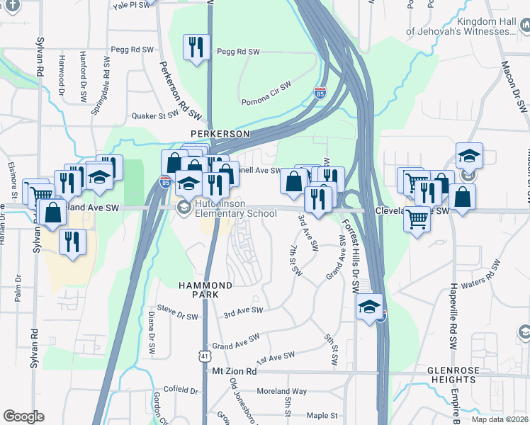 map of restaurants, bars, coffee shops, grocery stores, and more near 494 Cleveland Avenue Southwest in Atlanta