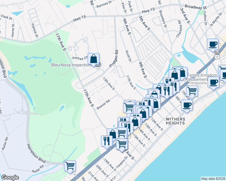 map of restaurants, bars, coffee shops, grocery stores, and more near 4 13th Avenue South in Myrtle Beach