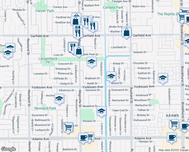 map of restaurants, bars, coffee shops, grocery stores, and more near 9101 Brabham Drive in Huntington Beach