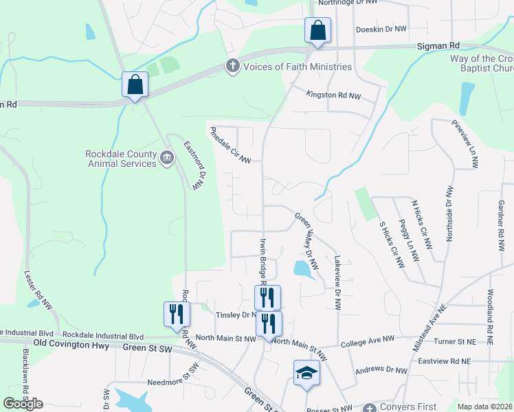 map of restaurants, bars, coffee shops, grocery stores, and more near 1425 Villa Pines Court Northwest in Conyers
