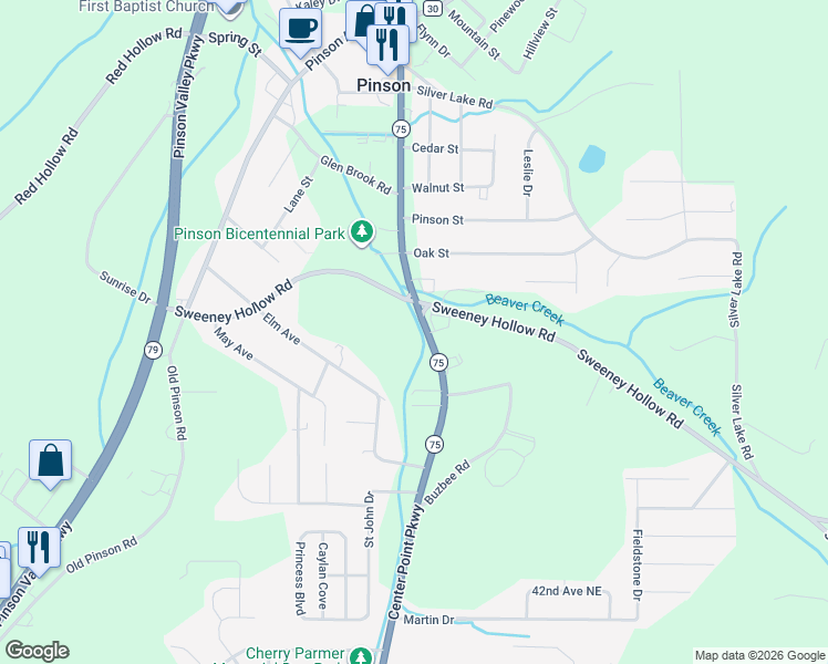 map of restaurants, bars, coffee shops, grocery stores, and more near 4163 Alabama 75 in Birmingham