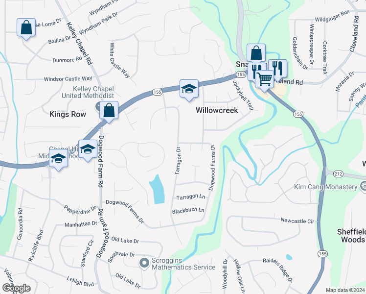 map of restaurants, bars, coffee shops, grocery stores, and more near 4714 Dogwood Farms Drive in Decatur