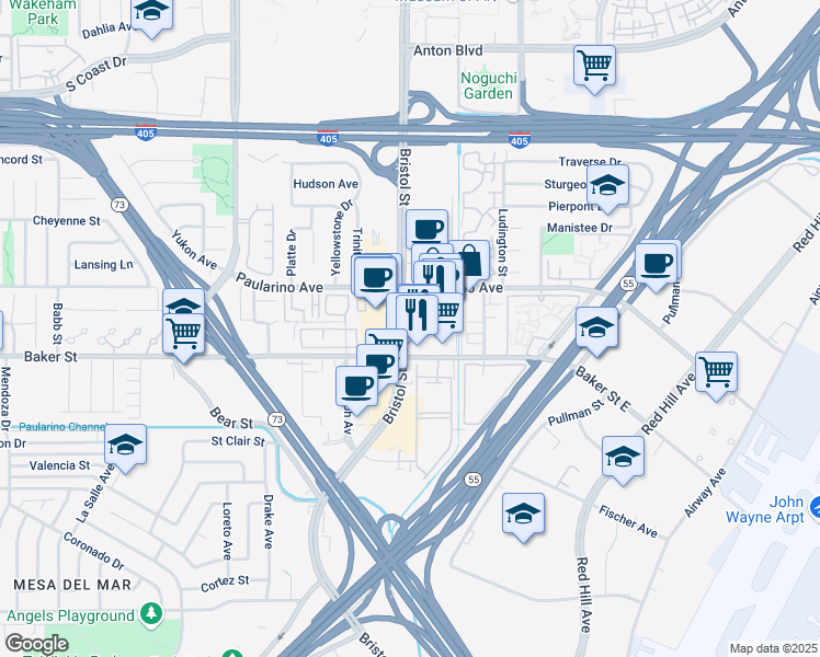 map of restaurants, bars, coffee shops, grocery stores, and more near 688 Baker Street in Costa Mesa