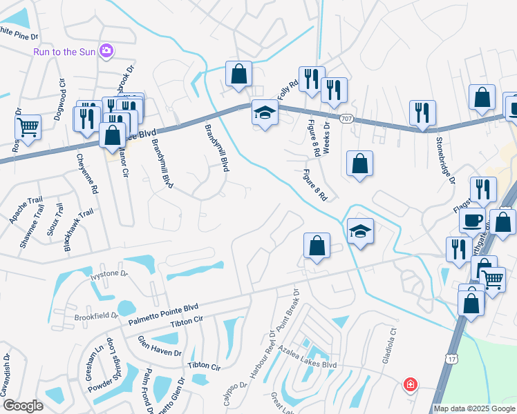 map of restaurants, bars, coffee shops, grocery stores, and more near 173 Olde Towne Way in Myrtle Beach