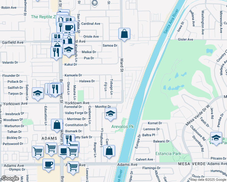 map of restaurants, bars, coffee shops, grocery stores, and more near 10411 Pago Pago Circle in Huntington Beach