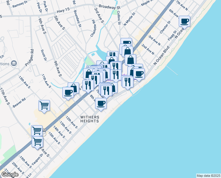 map of restaurants, bars, coffee shops, grocery stores, and more near 504 Yaupon Drive in Myrtle Beach