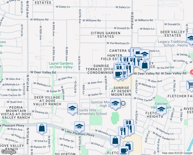 map of restaurants, bars, coffee shops, grocery stores, and more near 21742 North 85th Drive in Peoria