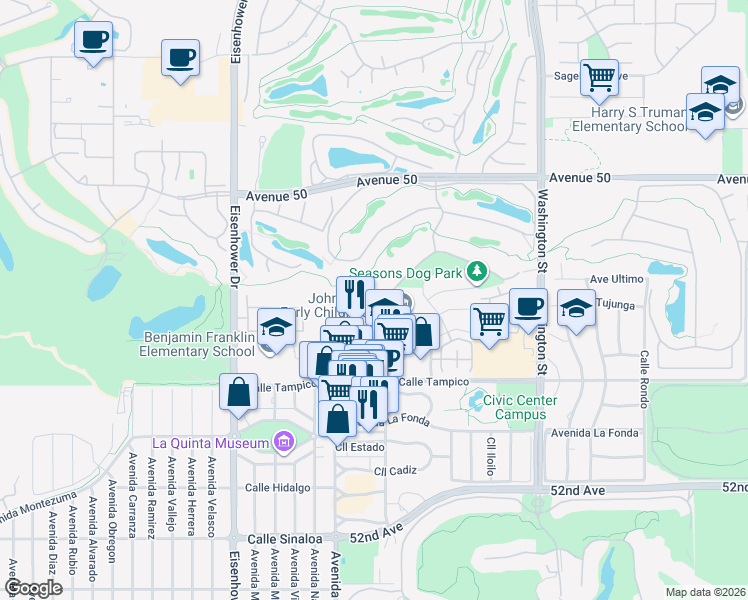 map of restaurants, bars, coffee shops, grocery stores, and more near 50590 Santa Rosa Plaza in La Quinta