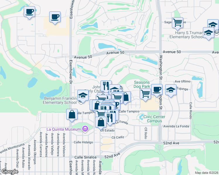 map of restaurants, bars, coffee shops, grocery stores, and more near 50610 Santa Rosa Plaza in La Quinta