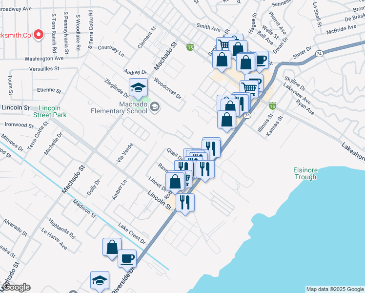 map of restaurants, bars, coffee shops, grocery stores, and more near 16461 Joy Street in Lake Elsinore