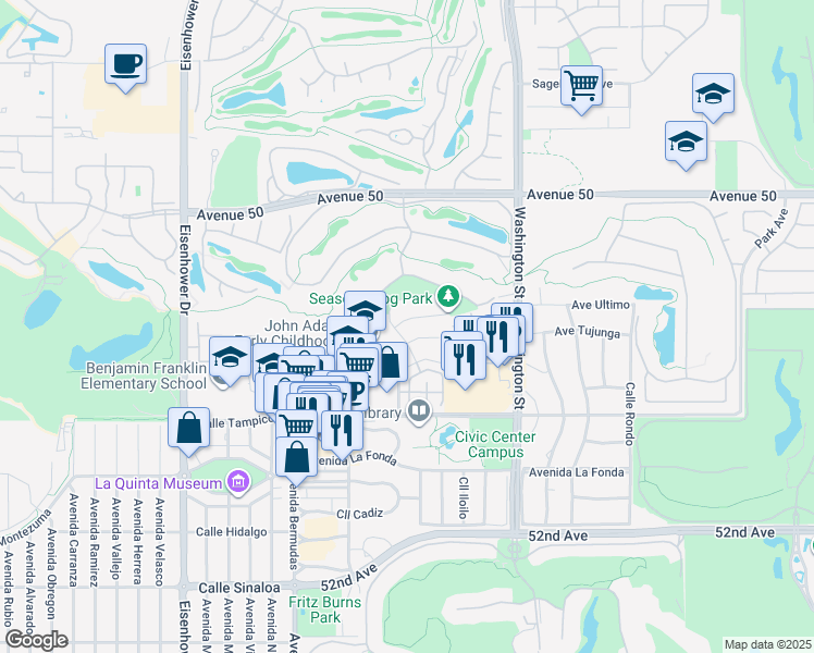 map of restaurants, bars, coffee shops, grocery stores, and more near 78225 Desert Fall Way in La Quinta