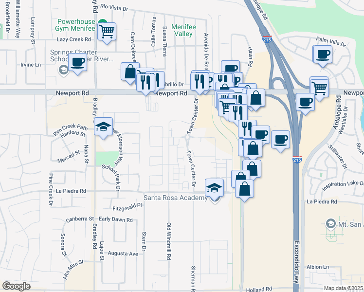 map of restaurants, bars, coffee shops, grocery stores, and more near 30310 Town Square Drive in Menifee