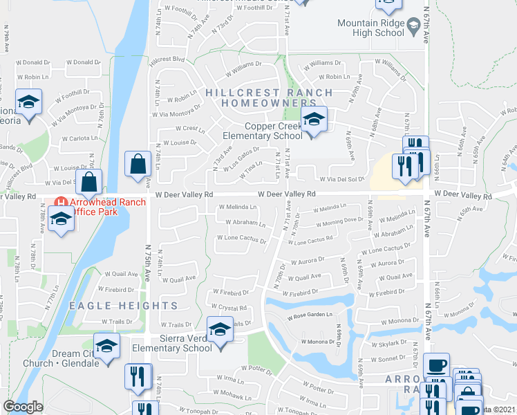 map of restaurants, bars, coffee shops, grocery stores, and more near 21598 North 72nd Avenue in Glendale