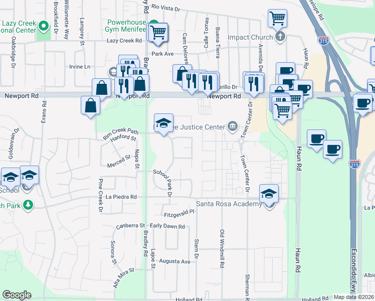 map of restaurants, bars, coffee shops, grocery stores, and more near 27213 Frost Court in Menifee