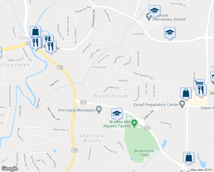 map of restaurants, bars, coffee shops, grocery stores, and more near 3484 Framingham Drive in Stonecrest