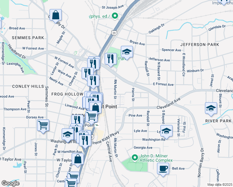 map of restaurants, bars, coffee shops, grocery stores, and more near 2718 RN Martin Street in East Point