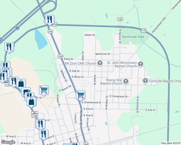 map of restaurants, bars, coffee shops, grocery stores, and more near 705 East Oak Street in Hope
