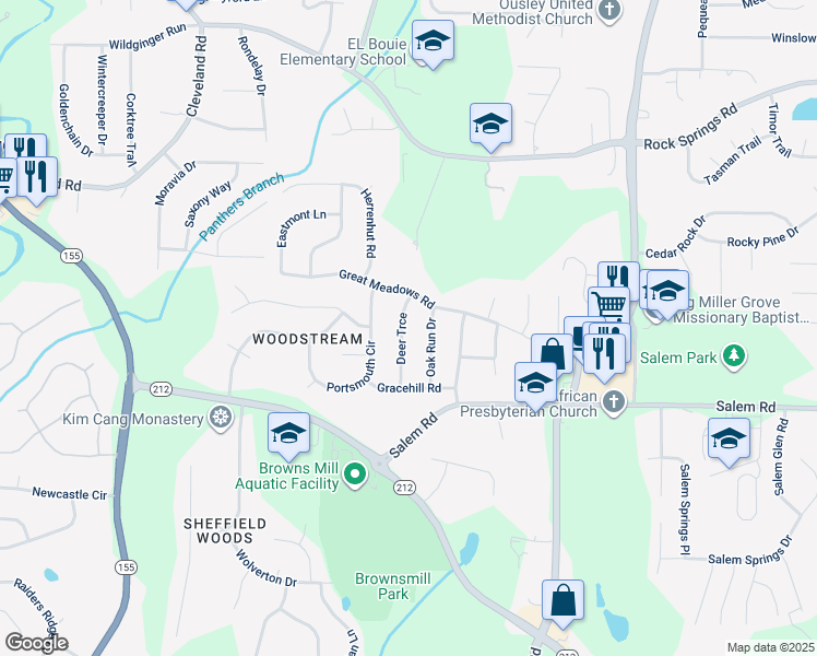 map of restaurants, bars, coffee shops, grocery stores, and more near 3468 Deer Trce in Stonecrest