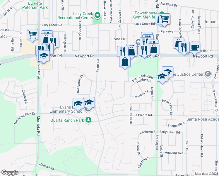 map of restaurants, bars, coffee shops, grocery stores, and more near 30298 Silicate Drive in Menifee