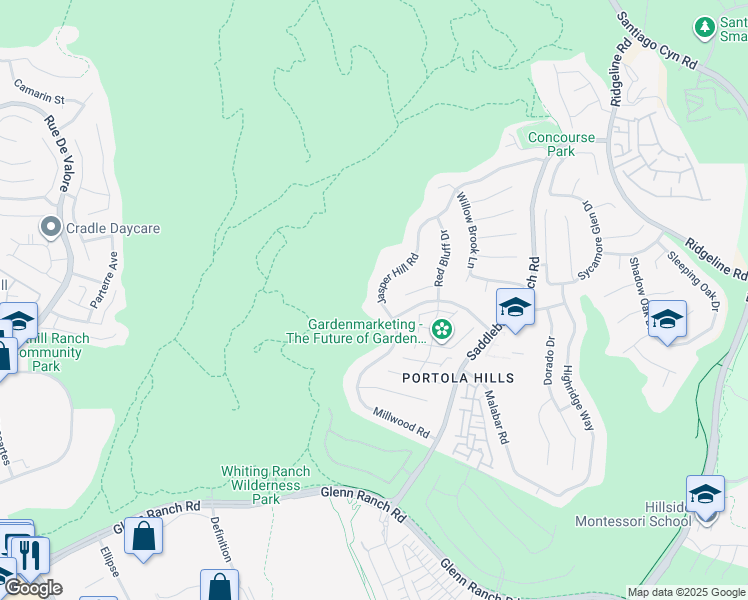 map of restaurants, bars, coffee shops, grocery stores, and more near 19341 Jasper Hill Road in Trabuco Canyon
