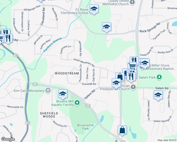 map of restaurants, bars, coffee shops, grocery stores, and more near 3468 Deer Trce in Stonecrest