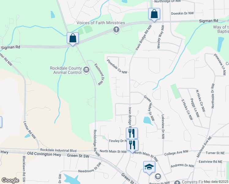map of restaurants, bars, coffee shops, grocery stores, and more near 1202 Willow Creek Court Northwest in Conyers