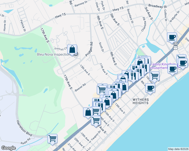 map of restaurants, bars, coffee shops, grocery stores, and more near 800 13th Avenue South in Myrtle Beach
