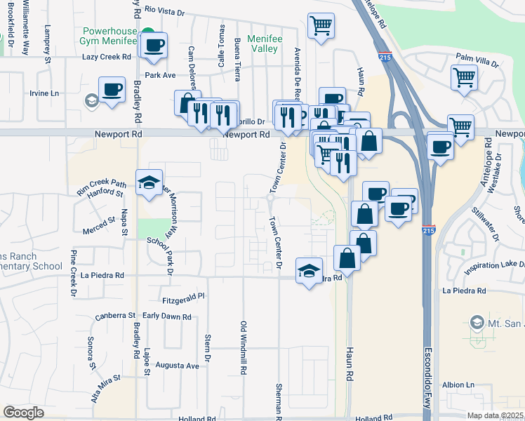 map of restaurants, bars, coffee shops, grocery stores, and more near 30310 Town Square Drive in Menifee