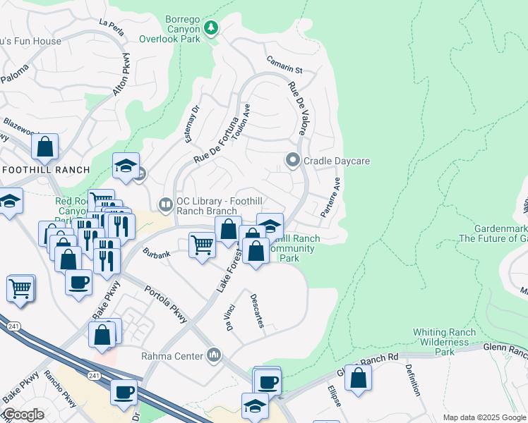 map of restaurants, bars, coffee shops, grocery stores, and more near 19329 Rue De Valore in Lake Forest