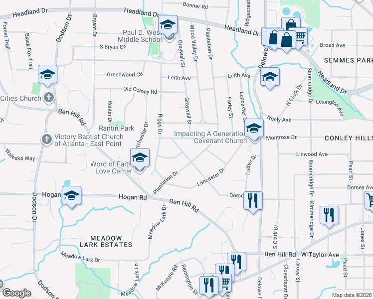 map of restaurants, bars, coffee shops, grocery stores, and more near 2303 Dorsey Ave in East Point