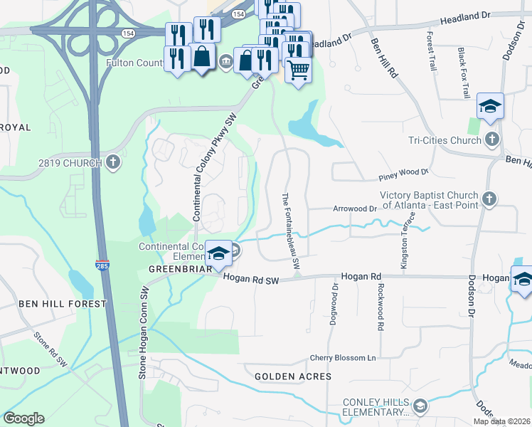 map of restaurants, bars, coffee shops, grocery stores, and more near 2444 Black Forest Trail Southwest in Atlanta