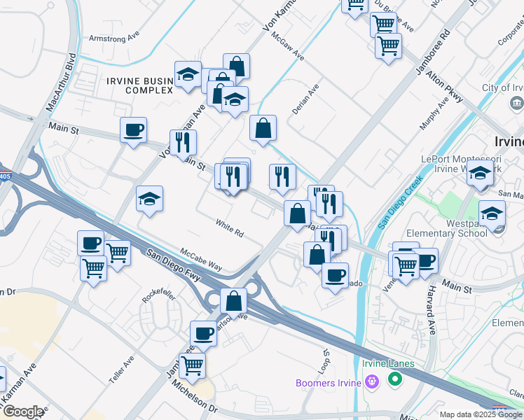 map of restaurants, bars, coffee shops, grocery stores, and more near 2640 Main St in Irvine