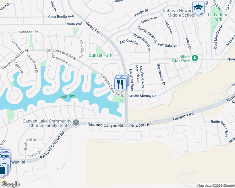 map of restaurants, bars, coffee shops, grocery stores, and more near La Bertha Lane in Canyon Lake