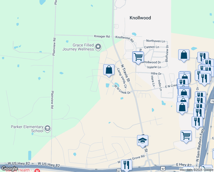 map of restaurants, bars, coffee shops, grocery stores, and more near 4706 Liberty Hill Trail in Sherman