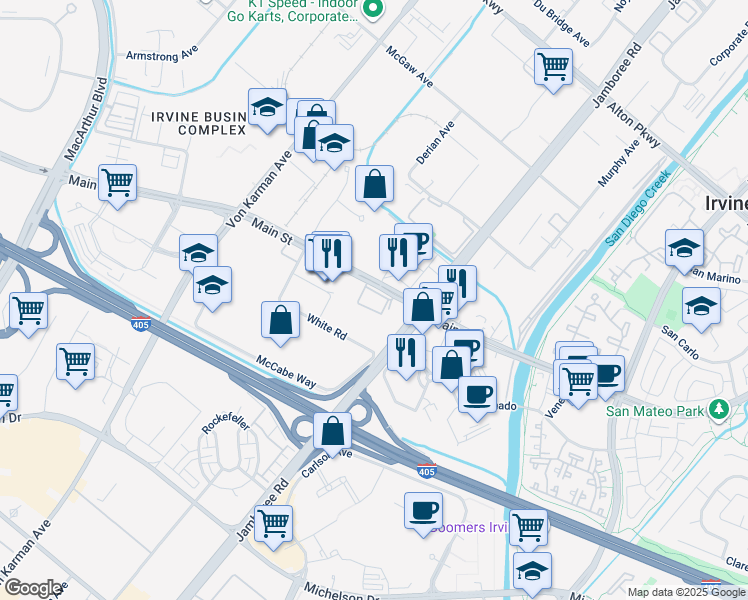 map of restaurants, bars, coffee shops, grocery stores, and more near 2640 Main Street in Irvine