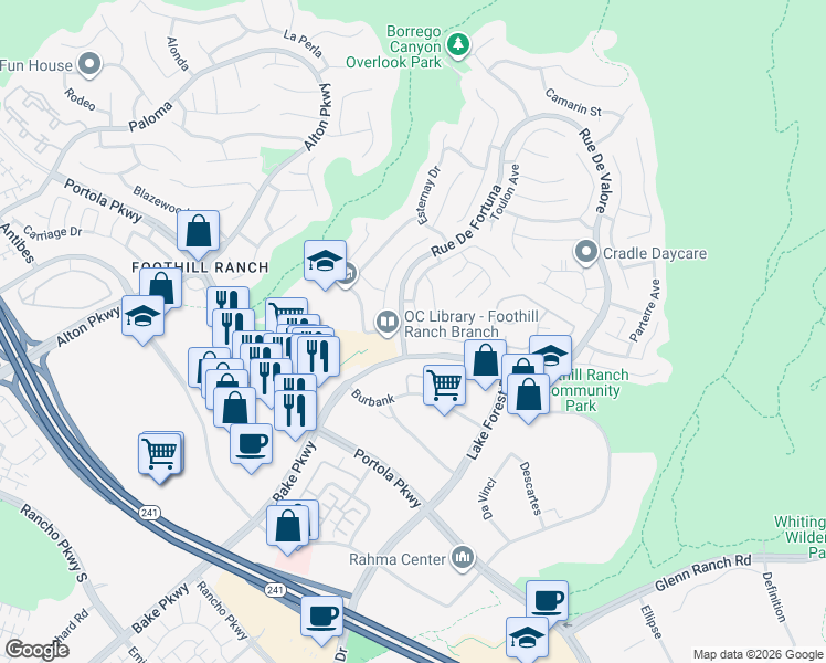 map of restaurants, bars, coffee shops, grocery stores, and more near 53 Enfilade Avenue in Lake Forest