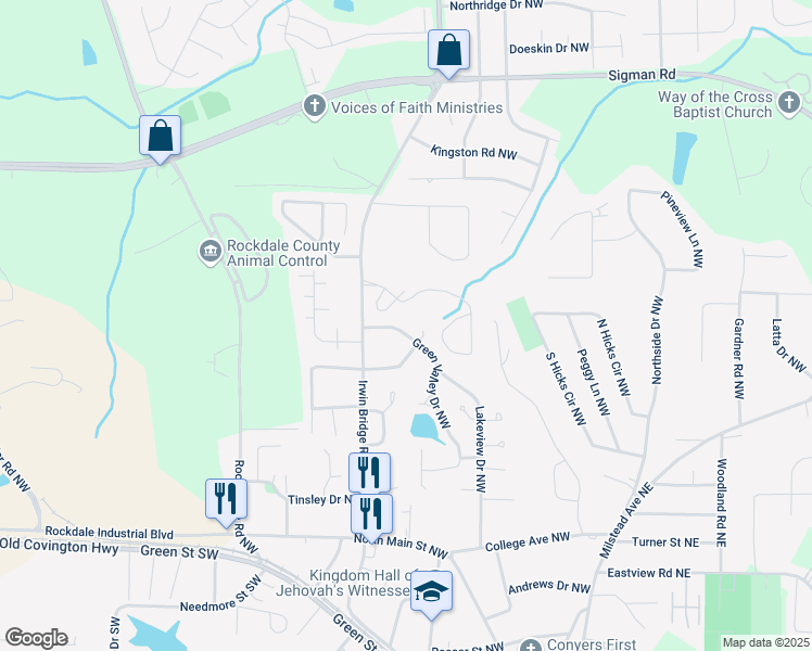 map of restaurants, bars, coffee shops, grocery stores, and more near 1082 Green Valley Drive Northwest in Conyers
