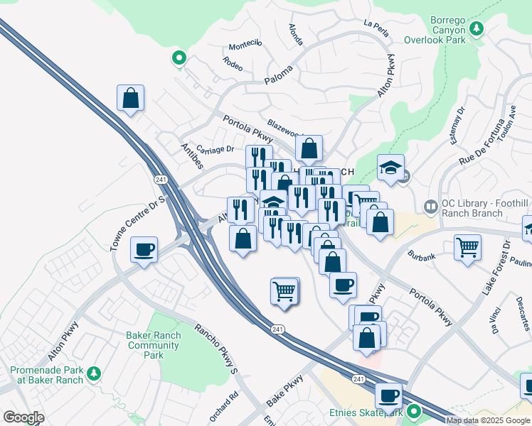 map of restaurants, bars, coffee shops, grocery stores, and more near 26472 Towne Centre Drive in Lake Forest