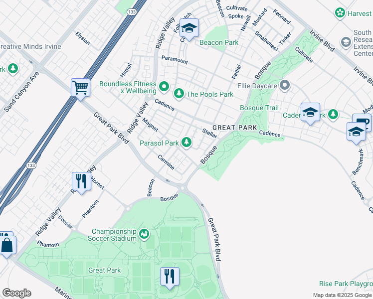 map of restaurants, bars, coffee shops, grocery stores, and more near 375 Magnet in Irvine