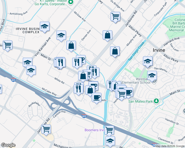 map of restaurants, bars, coffee shops, grocery stores, and more near 2801 Jamboree Road in Irvine