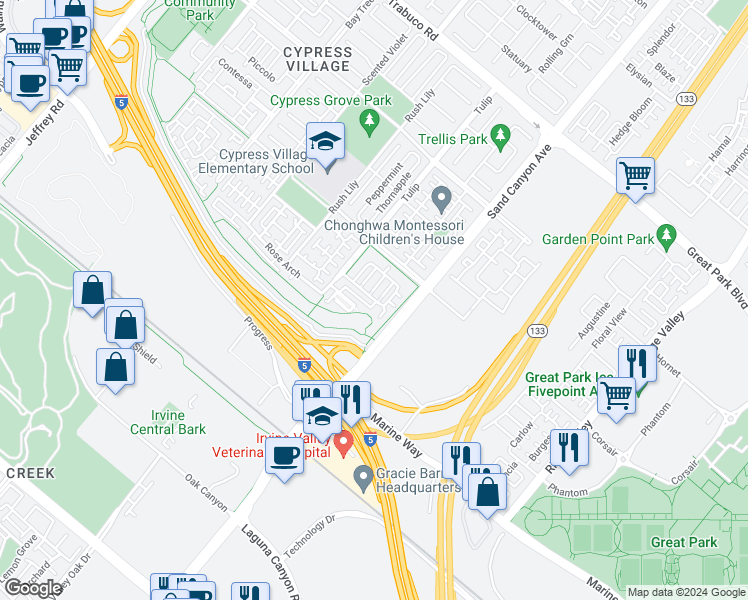 map of restaurants, bars, coffee shops, grocery stores, and more near 81 Evening Sun in Irvine