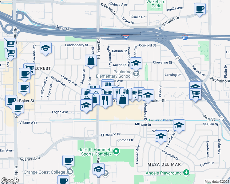 map of restaurants, bars, coffee shops, grocery stores, and more near 3013 Buchanan Way in Costa Mesa