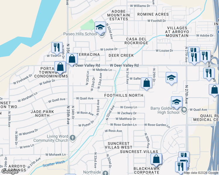 map of restaurants, bars, coffee shops, grocery stores, and more near 3205 West Abraham Lane in Phoenix