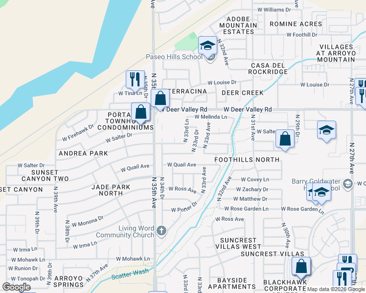 map of restaurants, bars, coffee shops, grocery stores, and more near 3355 West Abraham Lane in Phoenix