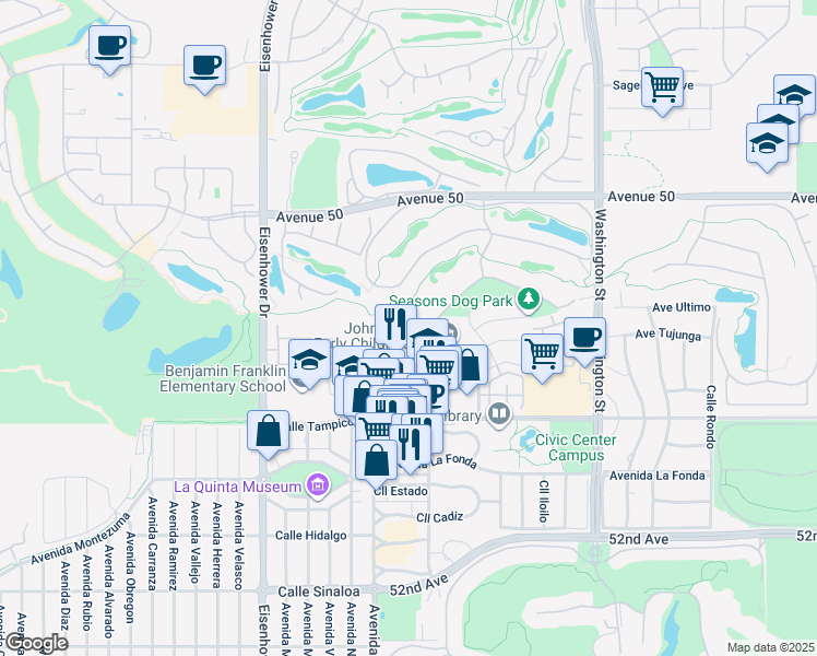map of restaurants, bars, coffee shops, grocery stores, and more near 50630 Santa Rosa Plaza in La Quinta