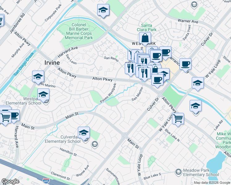 map of restaurants, bars, coffee shops, grocery stores, and more near 10 Belcanto in Irvine