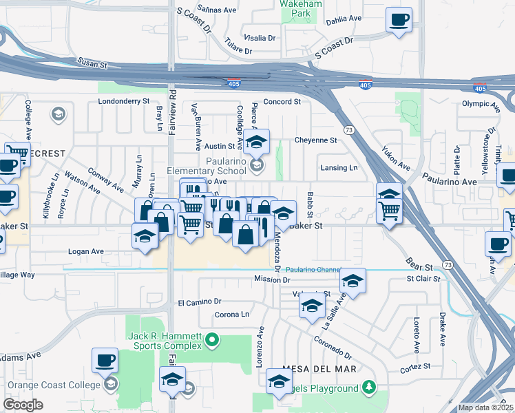 map of restaurants, bars, coffee shops, grocery stores, and more near 3017 Fillmore Way in Costa Mesa