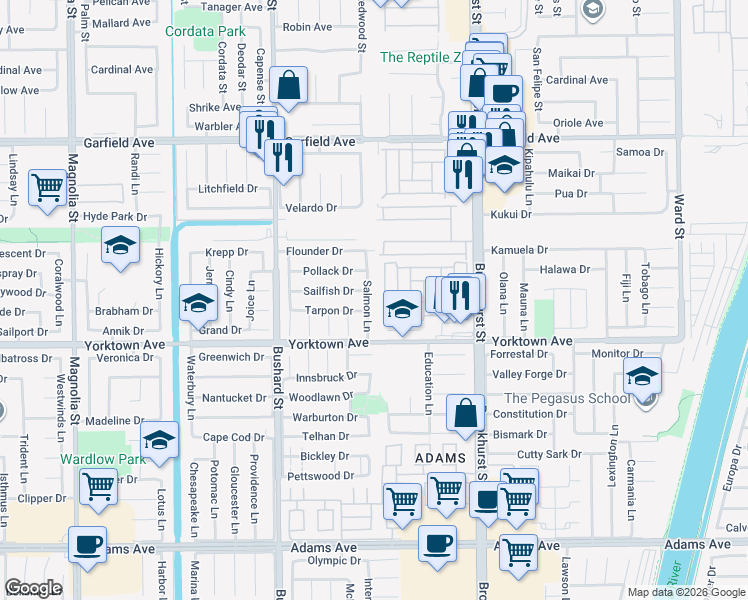 map of restaurants, bars, coffee shops, grocery stores, and more near 19382 Salmon Lane in Huntington Beach