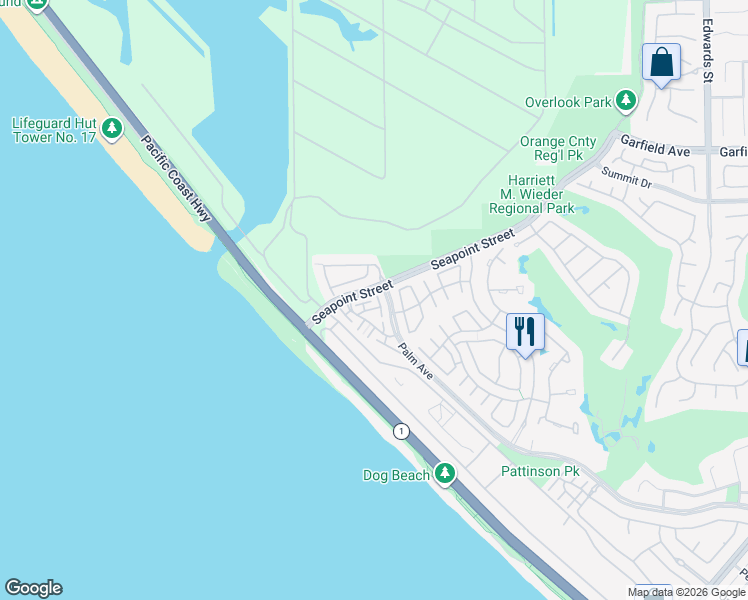 map of restaurants, bars, coffee shops, grocery stores, and more near 19287 Surfwave Drive in Huntington Beach